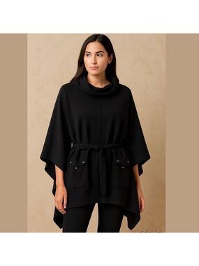 Yoon Black Cotton Blend Turtleneck Poncho with Belt and pockets Knee length Sz M